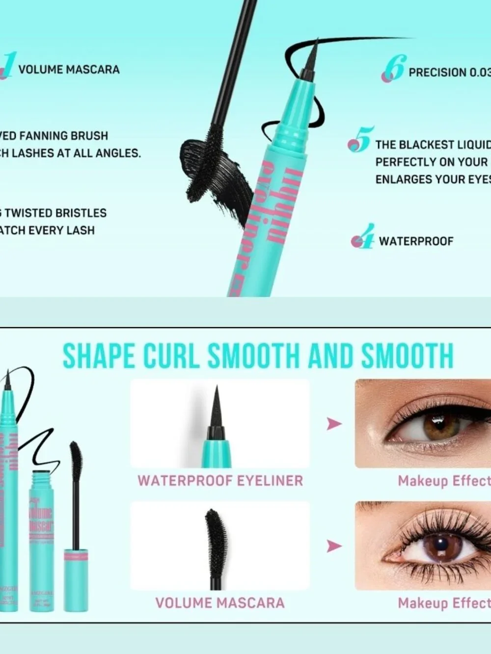 Amzgirl Lash Black Waterproof Mascara Liquid Eyeliner Set 2-in-1 Eye Makeup Kit